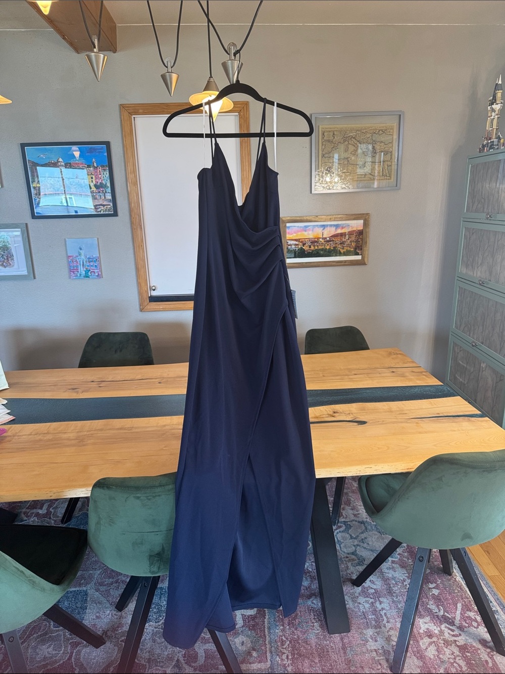Lulu's Navy Draped Maxi Slip Dress with Spaghetti Straps